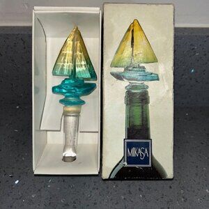 Mikasa CRYSTAL GLASS REGATTA WINE BOTTLE STOPPER IN BLUE GREEN YELLOW In Box